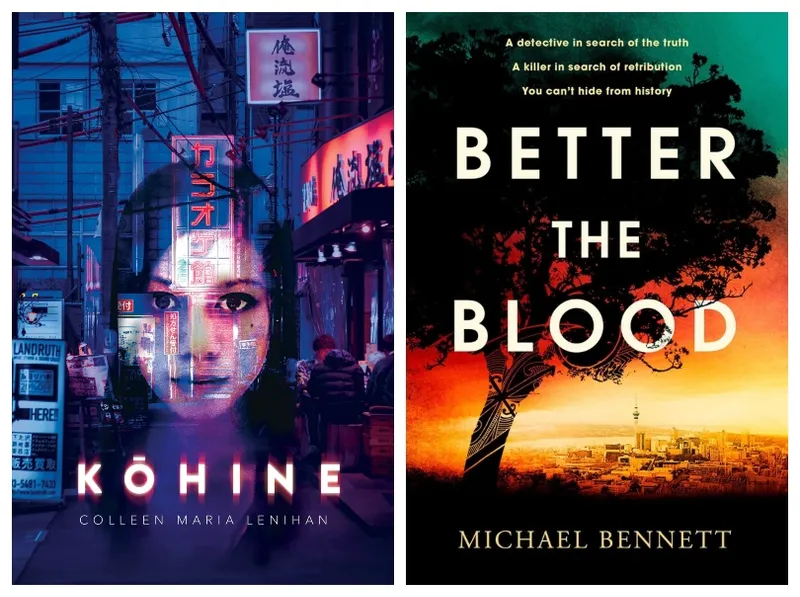 Two book covers, left showing face of young woman superimposed over Japan street scene; right showing a burning sunset and dark silhouetted tree.