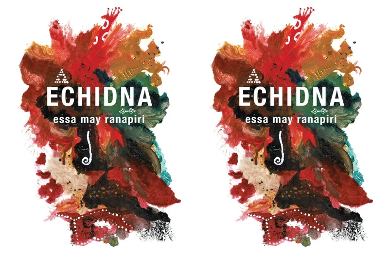 Book cover repeated twice over; depicts the word ECHIDNA over a painterly splodge of earthy oranges and greens