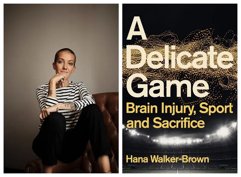 Beautiful photo of a young woman with striking shaved head, sitting folded up on a chair. Cover of her book, dominated by title A Delicate Game.