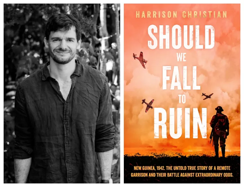 Black and white photograph of a young white man wearing a dark collared shirt. Picture of his book cover, orange sky with silhouettes of a soldier in foreground and dogfighting planes behind.