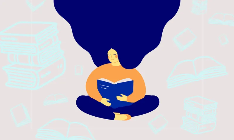 Simple illustration of woman seated crosslegged reading / embracing a large book. Her hair is sort of lifting off her shoulders and covering the top half of the page. She's beatific as.