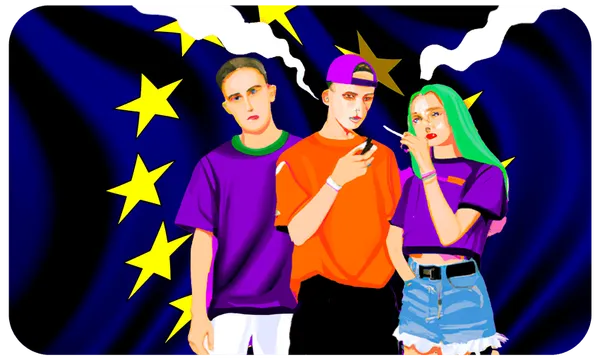 Three young people stand in front of a stylized EU flag; two are smoking, and all wear casual, colorful clothing. The background features yellow stars on dark blue, with bold, graphic colors and lighting.