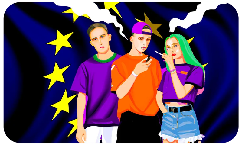 Three young people stand in front of a stylized EU flag; two are smoking, and all wear casual, colorful clothing. The background features yellow stars on dark blue, with bold, graphic colors and lighting.