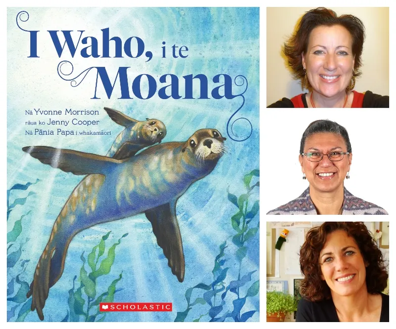 Mugshots of three women, all beaming, arranged beside an image of a book cover showing an illustration of a seal mum and bub.
