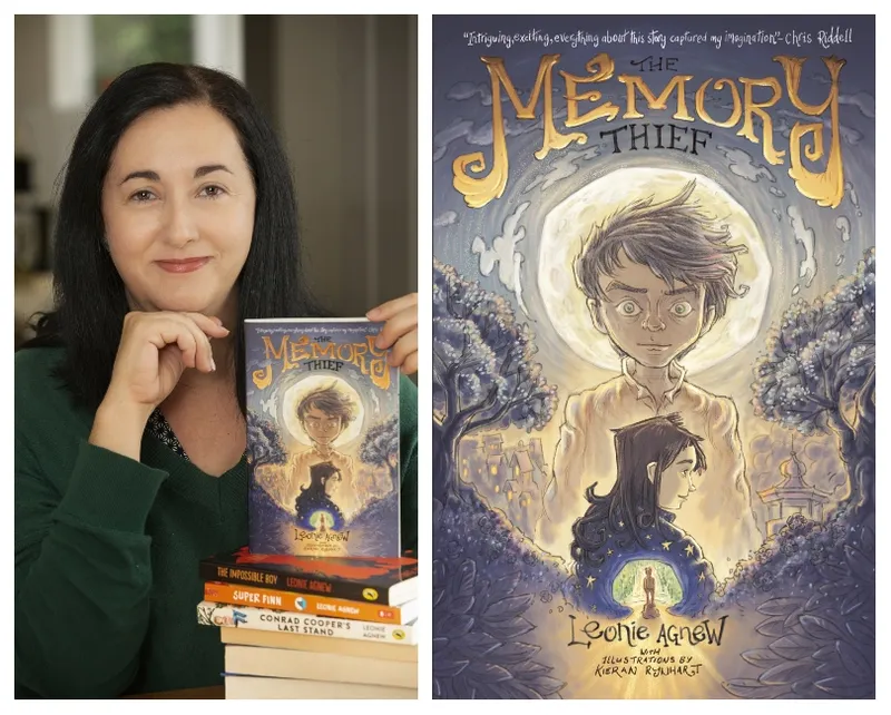 Photo of a woman with light skin and dark hair, smiling, holding a copy of her book. Close up pic of the cover which depicts a boy with tousled hair, set against a dark sky with a moon.