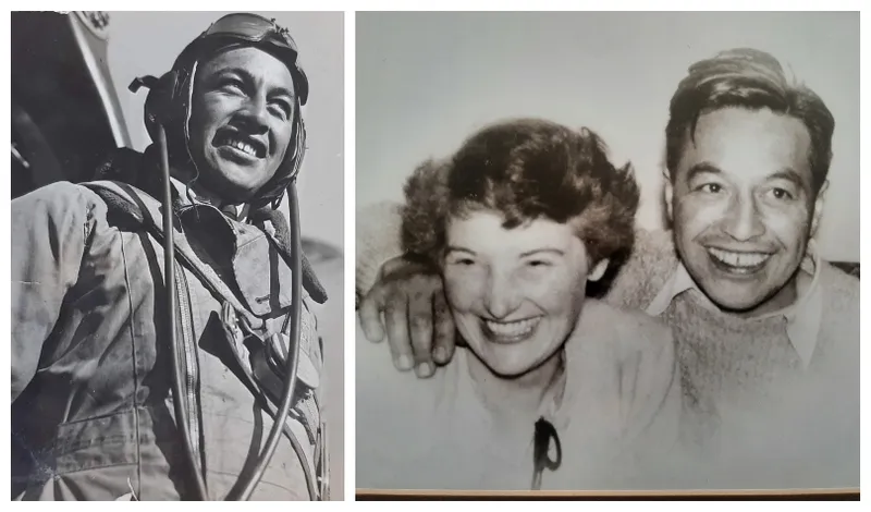 Black and white photos - on left is a young man in Air Force uniform, grinning. Shot from below. At right, a couple absolutely beaming.