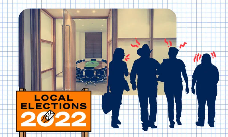 4 sillhouetted people wander towards a spooky looking boardroom