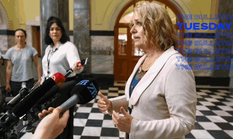woman in a ligh pink blazer speaking on the black and white parliament tiles