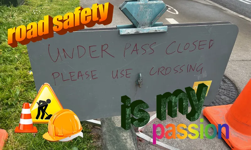 Badly hand-drawn cycle detour safey sign with word-art meme overlay