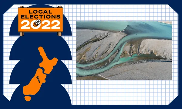 pin on map in canterbury, local elections sign and braided river