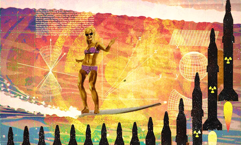 old timey woman surfing surrounded by nuclear warheads
