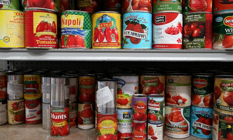 Tinned tomatoes at a food bank