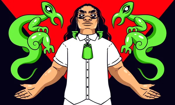 An anime-style illustration of a Maori person, wearing a white button-up shirt with sunglasses and a large pounamu toki. They stand against a red and black background, in a powerful, open-armed pose, with two taniwha floating above their outstretched palms
