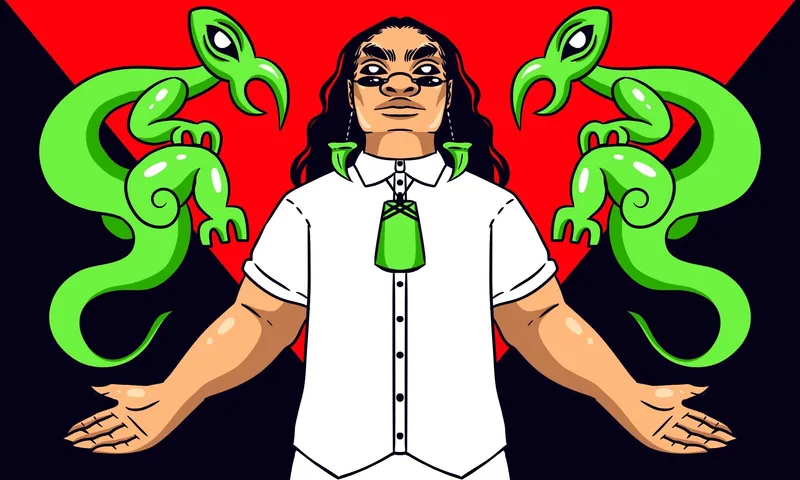 An anime-style illustration of a Maori person, wearing a white button-up shirt with sunglasses and a large pounamu toki. They stand against a red and black background, in a powerful, open-armed pose, with two taniwha floating above their outstretched palms