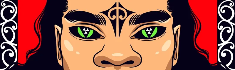 A close-up of the face of the figure from the first image. They have a tā moko on their forehead, in the place of the "third eye", and their pupils reflect a tukutuku panel. On each side of the image are two decorative kowhaiwhai patterns.
