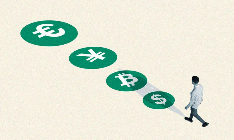 Young man walking towards green currency symbols