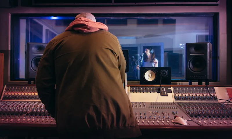 Musicians producing music in professional recording studio