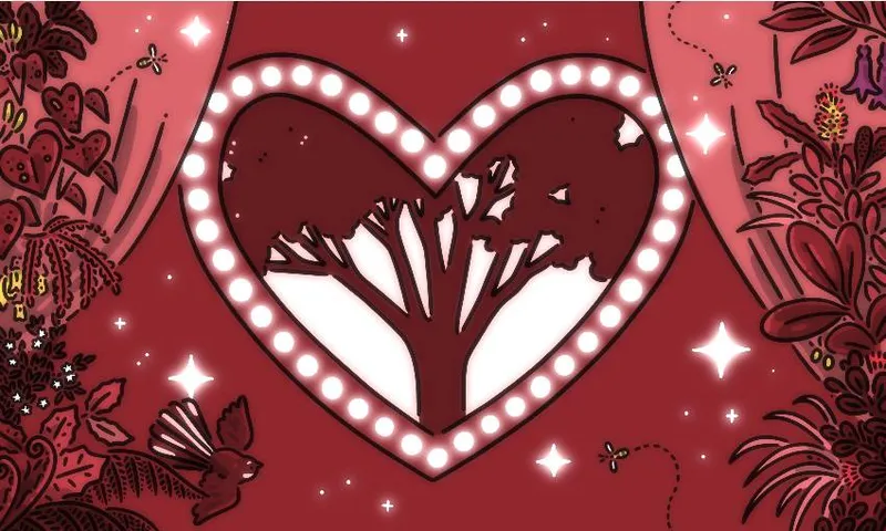 a tree surrounded by a heart on a red background