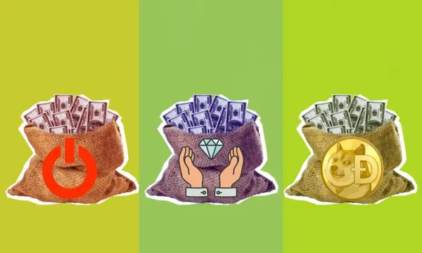 three bags of cash, each with a different emblem on them: gamestop, diamond hands, and dogecoin