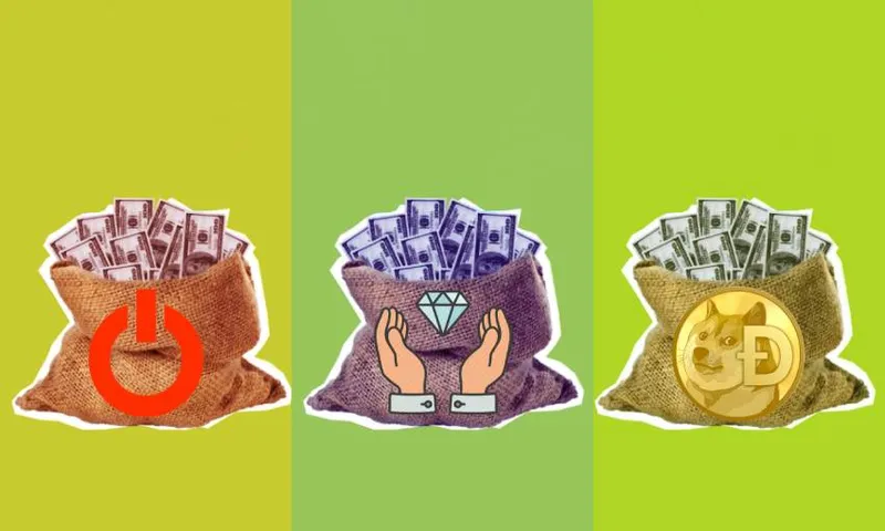 three bags of cash, each with a different emblem on them: gamestop, diamond hands, and dogecoin