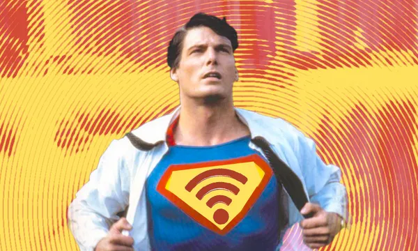 Superman pulling open his normal business shirt to reveal... a wifi symbol!