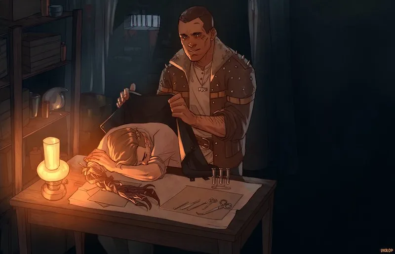 Illustration of a man placing a jacket over another man, who is sleeping with his head a desk
