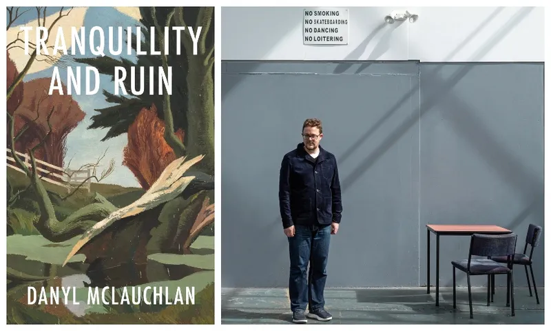 The cover of the book Tranquillity and Ruin and a portrait of author Danyl McLauchlan, gazing out of frame in an industrial-looking room
