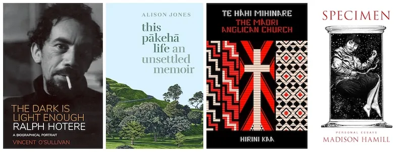 Four book covers: Only the dark is light enough, This Pākehā Life, Te Hāhi Mihinare The Māori Anglican Church, Specimen.