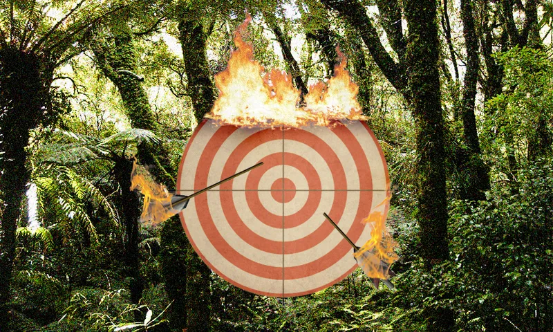 a target on fire against native forest