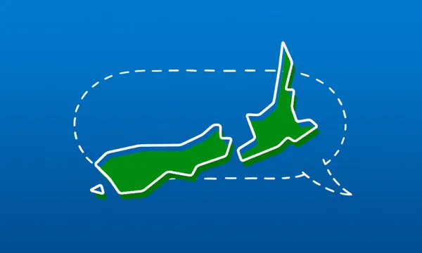 an illustrated and stylised map of aotearoa new zealand, overlaid on a dotted-line speech bubble on a solid blue background