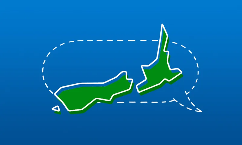 an illustrated and stylised map of aotearoa new zealand, overlaid on a dotted-line speech bubble on a solid blue background