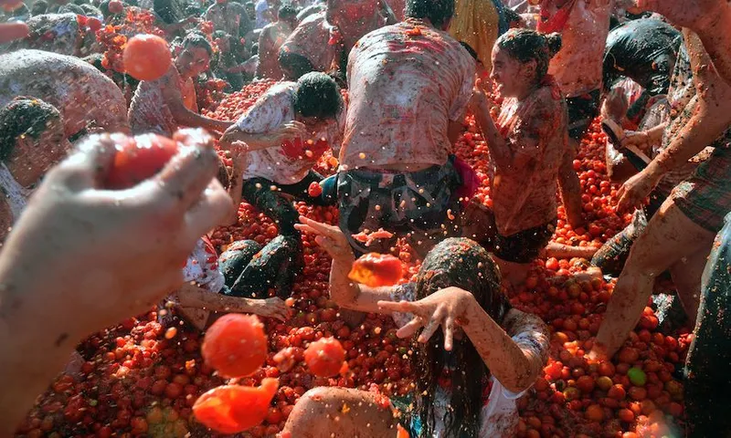 tomato fight festival, known as “tomatina”, in Sutamarchan, Boyaca department, Colombia, on June 5, 2016. / AFP / Guillermo Legaria        (Photo credit should read GUILLERMO LEGARIA/AFP via Getty Images)TOPSHOT-COLOMBIA-FESTIVAL-TOMATINA