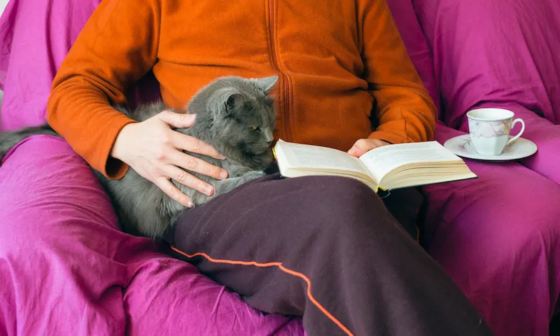 Woman in cardigan and trackpants reads book with cat in lap and cup of tea.