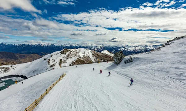 New Zealand mountain panorama and ski slopes as seen from Coronet Peak ski resort, Queenstown