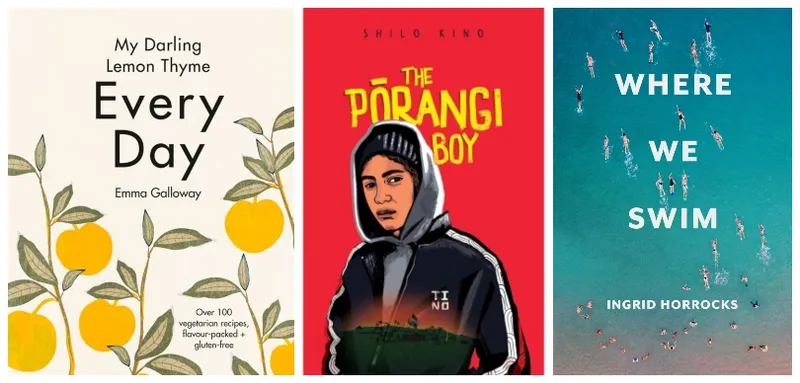 Three book covers: Every Day, The Pōrangi Boy, Where We Swim
