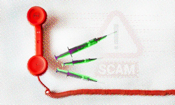 three green and purple syringes stick out from a red telephone speaker