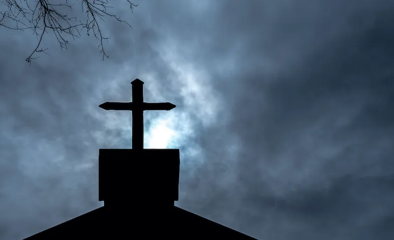 Christianity religion, Cross at the church of the Christian faith on Halloween night.