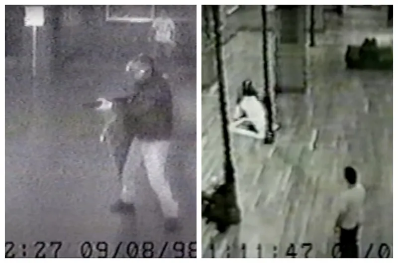 Blurry black and white security footage showing a man with a gun, and later tearing a painting out of its frame.