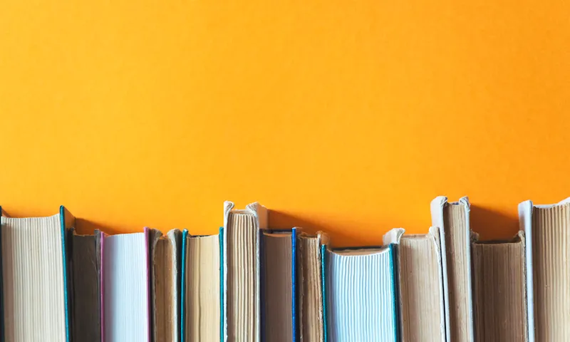 A bright orange wall, along the bottom of the photograph we see old books, stacked spine-down.