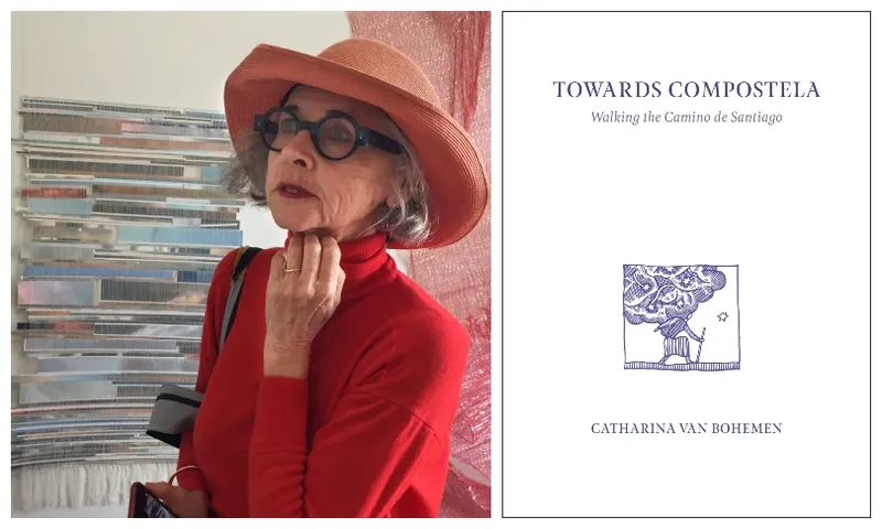 An older woman, wearing red and fabulous specs, stands in front of a tapestry; the book cover for Towards Compostela