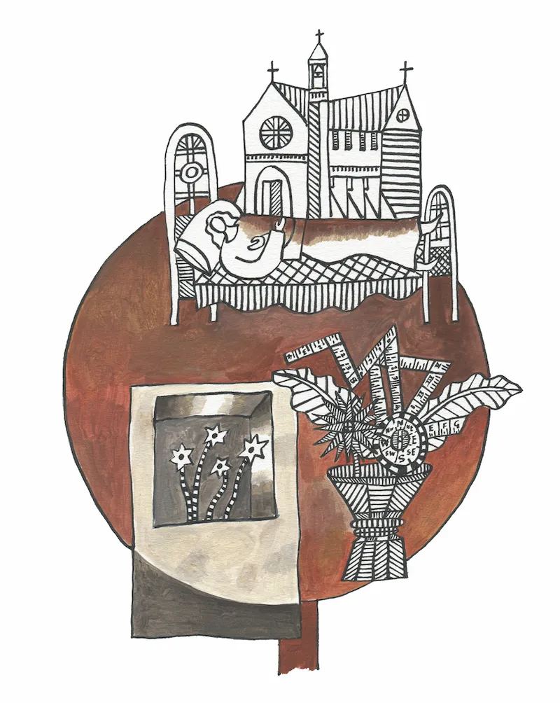 An illustration with small images, including a church and a woman sleeping peacefully, sketched over a muted brown circle.