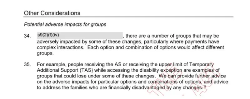 The text contains a headline reading ‘Other Considerations’ and a subheading, ‘Potential adverse impacts for groups’. It then reads: “there are a number of groups that may be adversely impacted by some of these changes, particularly where payments have complex interactions. Each option and combination of options would affect different groups. For example, people receiving the AS or receiving the upper limit of Temporary Additional Support (TAS) while accessing the disability exception are examples of groups that could lose under some of these changes. We can provide further advice on the adverse impacts for particular options and combinations of options, and advice to address the families who are financially disadvantaged by any changes.