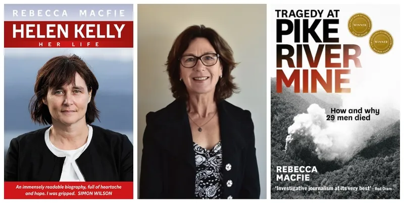 Portrait photograph of middle-aged woman, book covers on either side.
