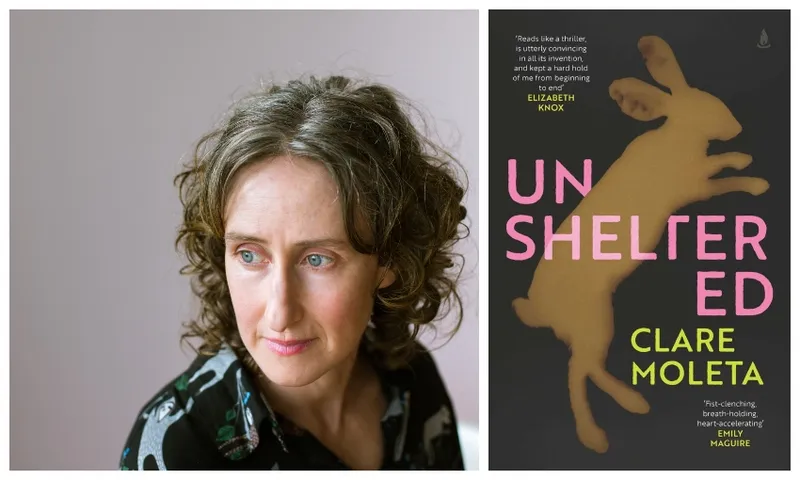 Colour portrait photo of a middle-aged woman, looking out to the side of the shot, pensive. Plus a cover of her book Unsheltered.