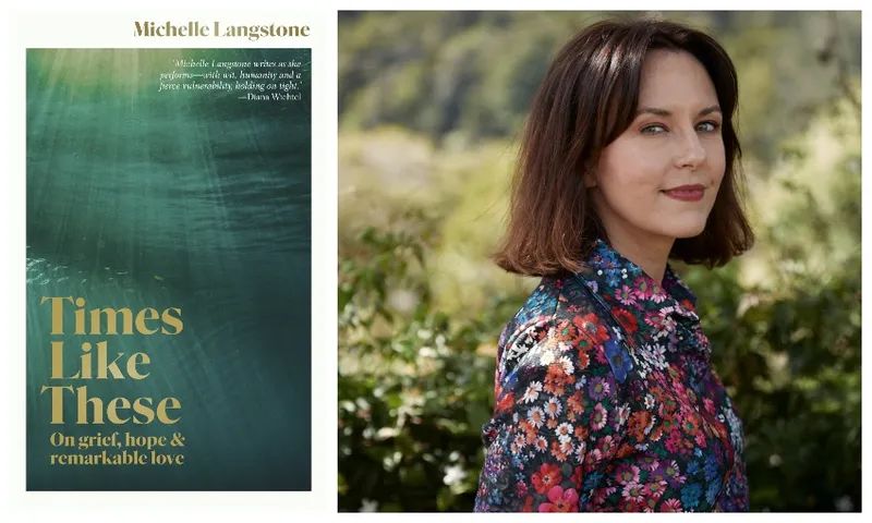 Book cover of Times Like These, and head and shoulder portrait of Michelle Langstone in a beautiful floral shirt.
