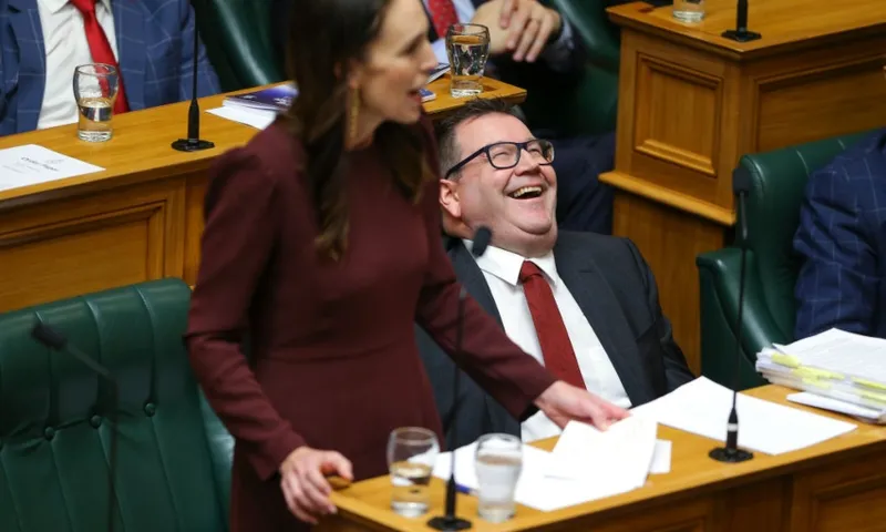 Robertson laughing while Ardern speaks budget 2021 getty