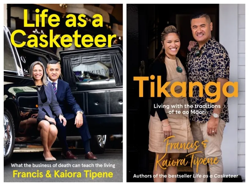 Two book covers, each featuring photos of authors Francis and Kaiora Tipene, smiling.