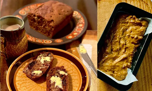 Slices of date load served on a brown ceramic dish with a cup of tea in a brown mug, and the uncooked date loaf on a loaf tin.