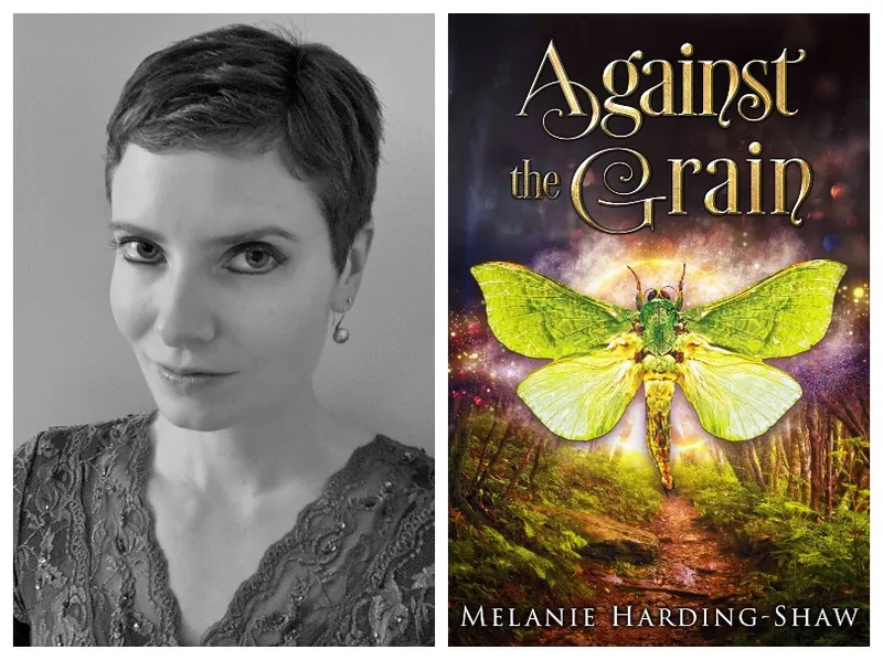 Black and white head and shoulders photo of woman with pixie cut; cover of her novella Against the Grain