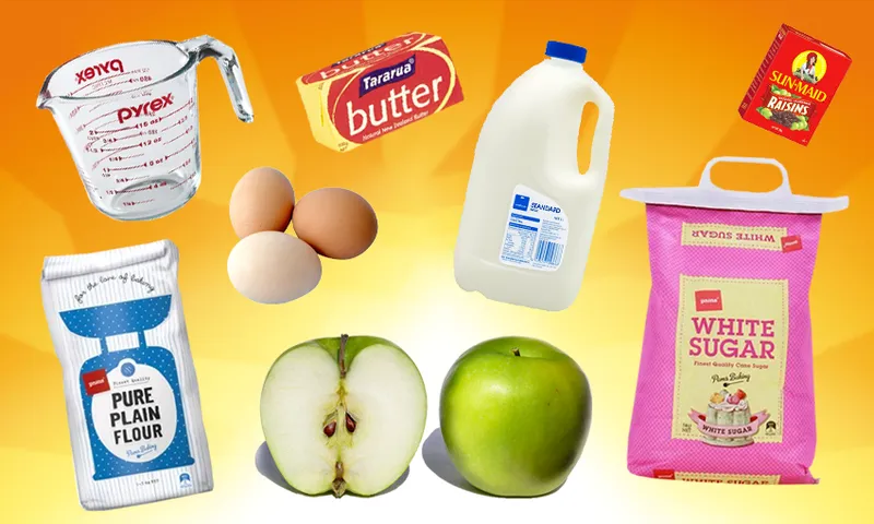The orange Edmonds sunrise logo with pudding ingredients (eg eggs, apples, sugar, milk) superimposed